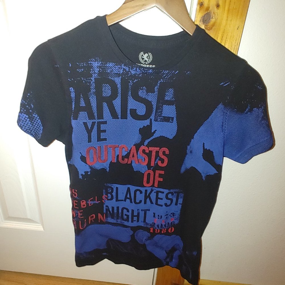 Old School Express Men's T-Shirt. Black/Blue/Red. "Arise Ye Outcasts" XS